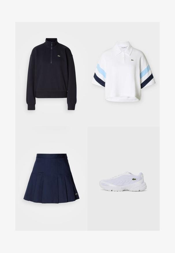 Sweatshirt bleu marine avec col haut et zip quart, doté de manches longues et d'un ourlet côtelé. Comprend un petit logo vert sur la poitrine.; Polo blanc court avec des rayures bleu clair et bleu marine sur les manches et un petit logo crocodile vert sur la poitrine.; Jupe plissée bleu marine avec une taille ajustée, fabriquée à partir d'un tissu lisse. Présente un petit logo Lacoste sur l'ourlet.; Baskets blanches de sport avec dessus en maille, design texturé et col rembourré. Présente un logo vert sur le côté et une semelle rembourrée pour le confort.
