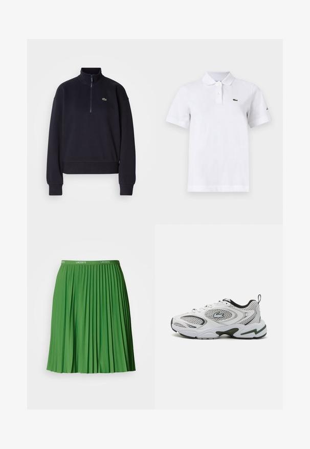 Marineblå sweatshirt med høj krave og lynlås i kvart længde, med lange ærmer og ribbet kant. Inkluderer et lille grønt logo på brystet.; Hvid polo-shirt med korte ærmer med to knapper, en lille grøn krokodille-logo på venstre bryst og et diskret sort logo på venstre ærme.; Grøn plisseret nederdel med elastisk taljebånd med Lacoste-logoet. Fremstillet af glat materiale, med markante lodrette folder og en knælængde.; Hvide atletiske sko med mesh-paneler, sorte accenter og en tekstureret sål. Kendetegnes ved et slankt design og et fremtrædende logo på siden.