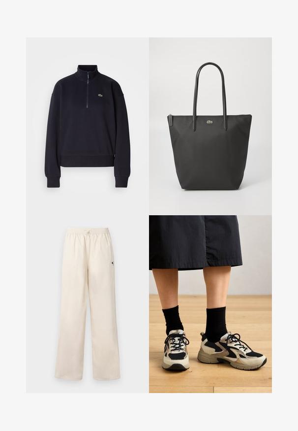 Marineblauwe sweatshirt met een hoge kraag en kwart-rits, voorzien van lange mouwen en een ribbelzoom. Inclusief een klein groen logo op de borst.; Lichtbeige wijde broek met een elastische tailleband en koord. Bevat een klein zwart logo aan de zijkant. Gladde textuur.; Zwarte en beige sportieve sneakers met een mesh bovenwerk, veters en een gestructureerde zool, gecombineerd met zwarte sokken, op een houten vloer.; Zwarte tote bag met een gladde buitenkant, lange handvatten en een ritsafsluiting. Heeft een klein groen krokodillenlogo op de voorkant.