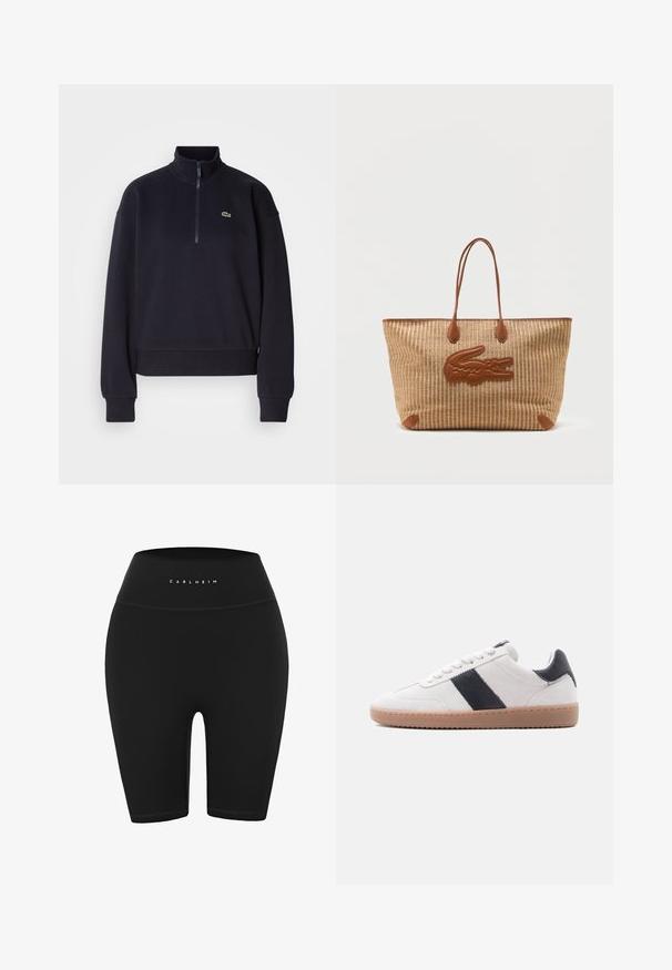 Marineblauwe sweatshirt met een hoge kraag en kwart-rits, voorzien van lange mouwen en een ribbelzoom. Inclusief een klein groen logo op de borst.; Carlheim Legging - black; Witte suède sneaker met een beige rubberen zool en een zwarte leren streep en hielstuk, zijaanzicht op een witte achtergrond.; Grote geweven beige draagtas met bruine leren handvatten en een bruin leren krokodillenembleem aan de voorkant.