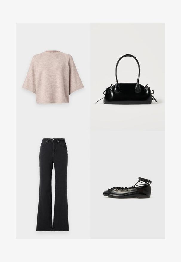 Pull en maille beige clair avec manches courtes larges et col rond haut, présenté sur un fond uni.; Jeans en denim noirs taille haute avec jambes évasées, bouton avant et design à cinq poches, sur un fond blanc uni.; Ballerines en cuir verni noir avec un bout rond, un design à lacets et une semelle plate. Texture lisse avec peu de détails.; Petit sac à main noir brillant avec deux longues anses et des détails à cordon sur les côtés sur un fond clair uni.