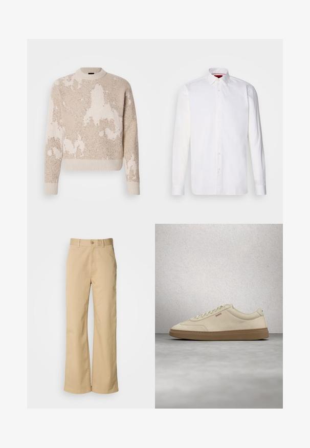 Beige und cremefarbener strukturierter Strickpullover mit abstrakten Mustern, geripptem Rundhalsausschnitt, Bündchen und Saum, auf weißem Hintergrund präsentiert.; Weißes langärmliges Hemd aus Baumwolle mit klassischem Kragen, Knopfleiste vorne und glatter Textur. Rote Details im inneren Kragen.; Beige, weit geschnittene Hosen aus einer Baumwollmischung. Mit einem Knopfverschluss und Gürtelschlaufen. Glatte Textur mit minimalen Nähten.; Hellbeiger Wildledersneaker mit Gummisohle, auffälligen Schnürsenkeln und dezenten Nahtdetails. Sauberes Design mit minimalistischem Ästhetik.