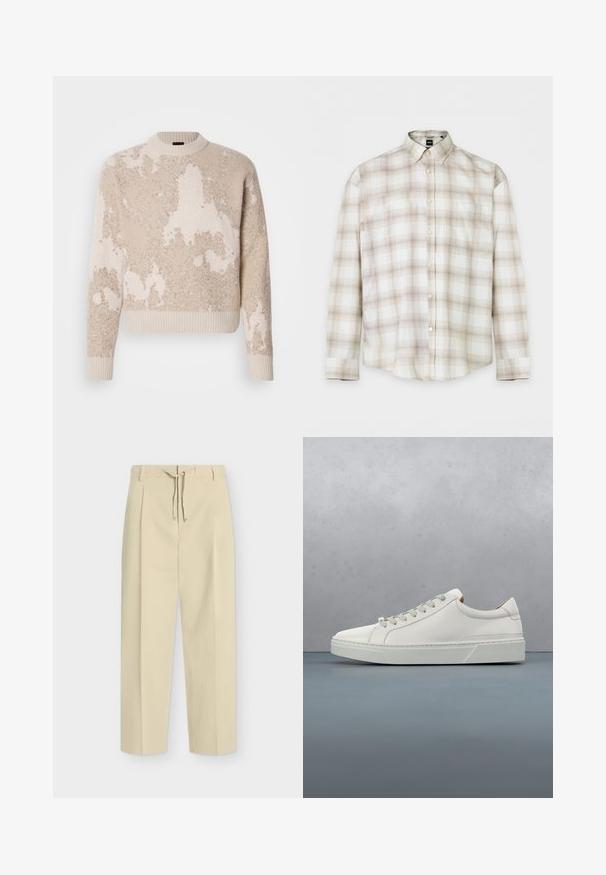 Beige og creme farvet tekstureret strikket sweater med abstrakte mønstre, ribbet rund hals, manchetter og kant, præsenteret på en hvid baggrund.; Langærmet skjorte med knapper med beige og lysebrunt ternet mønster og spids krave, lagt fladt.; Beige bukser med lige ben, bæltestropper og bindebånd foran, med et rent, skræddersyet design og tekstureret stof.; Hvid lædersneaker med rund tå, minimalistisk design, grå snørebånd og en tekstureret grå gummisål. Subtile syningsdetaljer er synlige.