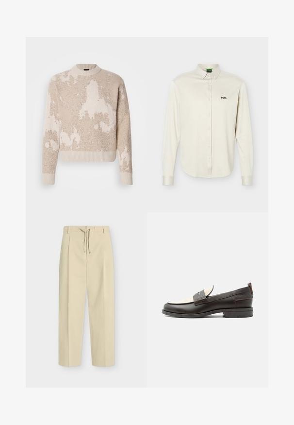 Beige und cremefarbener strukturierter Strickpullover mit abstrakten Mustern, geripptem Rundhalsausschnitt, Bündchen und Saum, auf weißem Hintergrund präsentiert.; Weißes, langärmeliges Hemd mit Knöpfen und Kragen, schwarzes "BOSS"-Logo auf der linken Brustseite und mit Knöpfen versehene Manschetten, auf einfarbigem Hintergrund präsentiert.; Beige gerade Hose mit Gürtelschlaufen und vorderer Bindung, mit einem klaren, maßgeschneiderten Design und strukturiertem Stoff.; Dunkelbrauner Herrenschuh aus Leder mit cremefarbenem Stoffpaneel und klassischem, genähtem Riemendetail, flacher Sohle und Zuglasche an der Ferse.
