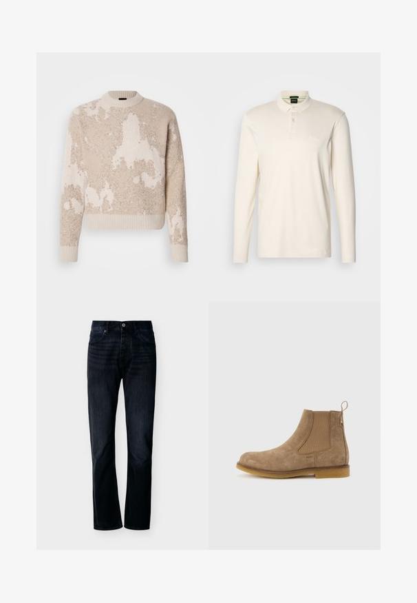 Beige og creme farvet tekstureret strikket sweater med abstrakte mønstre, ribbet rund hals, manchetter og kant, præsenteret på en hvid baggrund.; Langærmet polo skjorte i elfenben farvet cotton, med en kravehals, tre-knaps placket og diskret logo på brystet.; Mørk indigoblå jeans med lige ben, lukning foran med knap og lynlås, bæltestropper og fem-lomme-design, vist på ensfarvet lys baggrund.; Lysebrun ruskinds Chelsea-støvle med elastiske sidepaneler, træk-flap ved hælen og gummisål.