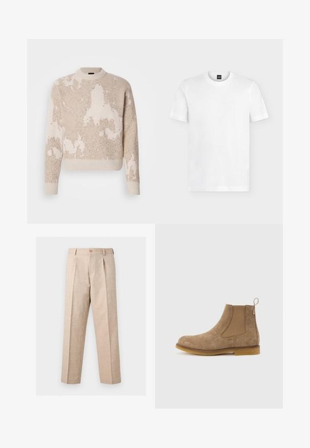 Beige und cremefarbener strukturierter Strickpullover mit abstrakten Mustern, geripptem Rundhalsausschnitt, Bündchen und Saum, auf weißem Hintergrund präsentiert.; Weißes T-Shirt mit kurzem Ärmel, Rundhalsausschnitt, dezentem BOSS-Logo auf der linken oberen Brust und schwarzem Nackenetikett.; Beige Hose mit geradem Bein, Falten, Knopfverschluss, Gürtelschlaufen und maßgeschneiderter Passform.; Hellbrauner Chelsea-Stiefel aus Wildleder mit elastischen Seitenpaneelen, Zuglasche an der Ferse und Gummisohle.