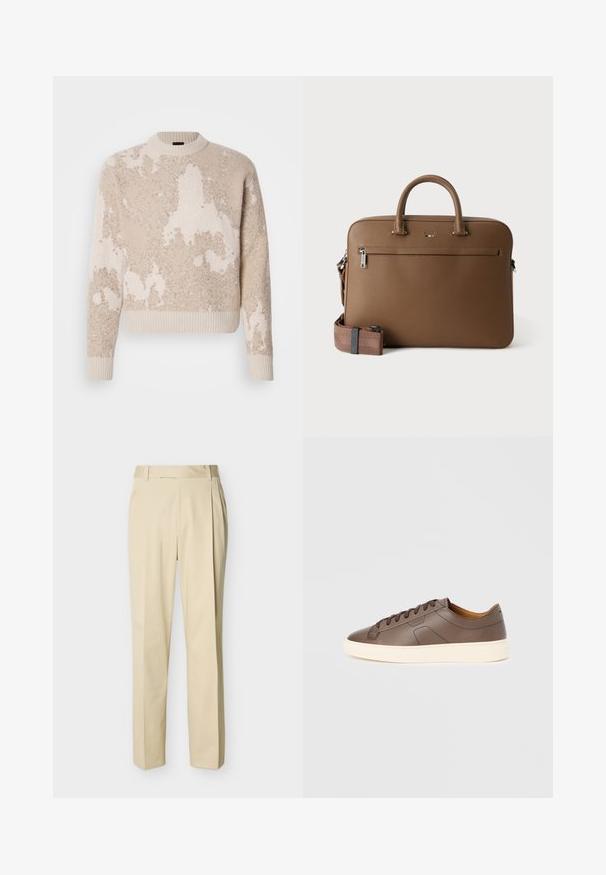 Beige og creme farvet tekstureret strikket sweater med abstrakte mønstre, ribbet rund hals, manchetter og kant, præsenteret på en hvid baggrund.; Beige bukser med lige ben, bæltestropper og forreste læg på en ensartet lys baggrund.; Brun lædersneaker med en glat tekstur, kontrastfuld cremelignende ydersål, rund snude og mørkebrune snørebånd; har subtilt præget logo.; Brun lædermappe med top håndtag, lomme foran med lynlås og aftagelig matchende skulderrem på hvid baggrund.