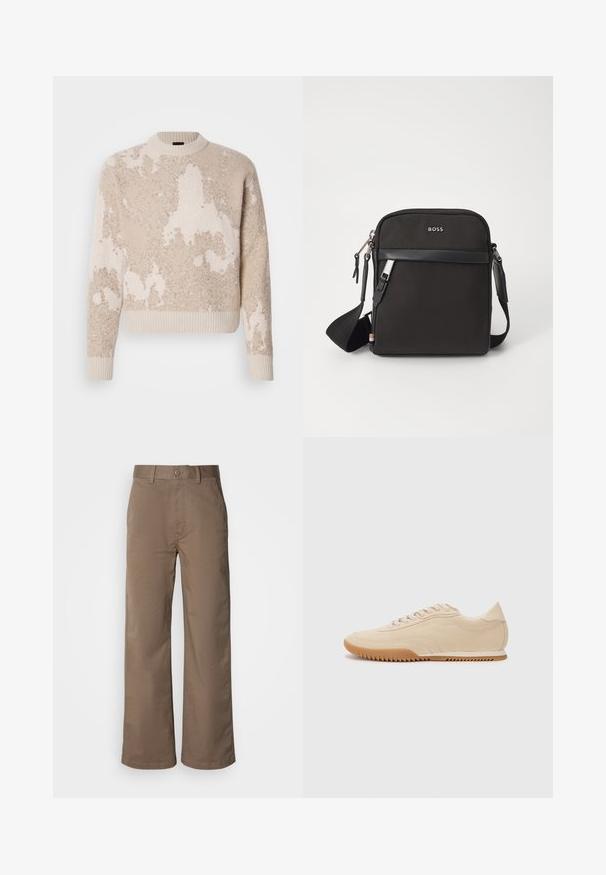 Beige und cremefarbener strukturierter Strickpullover mit abstrakten Mustern, geripptem Rundhalsausschnitt, Bündchen und Saum, auf weißem Hintergrund präsentiert.; Beige weite Hosen aus einem weichen Baumwollmix, mit Knopfverschluss, Gürtelschlaufen und ohne sichtbare Muster. Glatte Textur.; Beige Wildledersneaker mit einem schlanken Design, einer strukturierten Oberseite, abgerundetem Fuß und einer Gummisohle mit Zickzackmuster.; Schwarze Umhängetasche aus strukturiertem Stoff, mit Logo auf der Vorderseite, Reißverschluss und verstellbarem Tragegurt. Verfügt über eine glatte Lederbesatz.