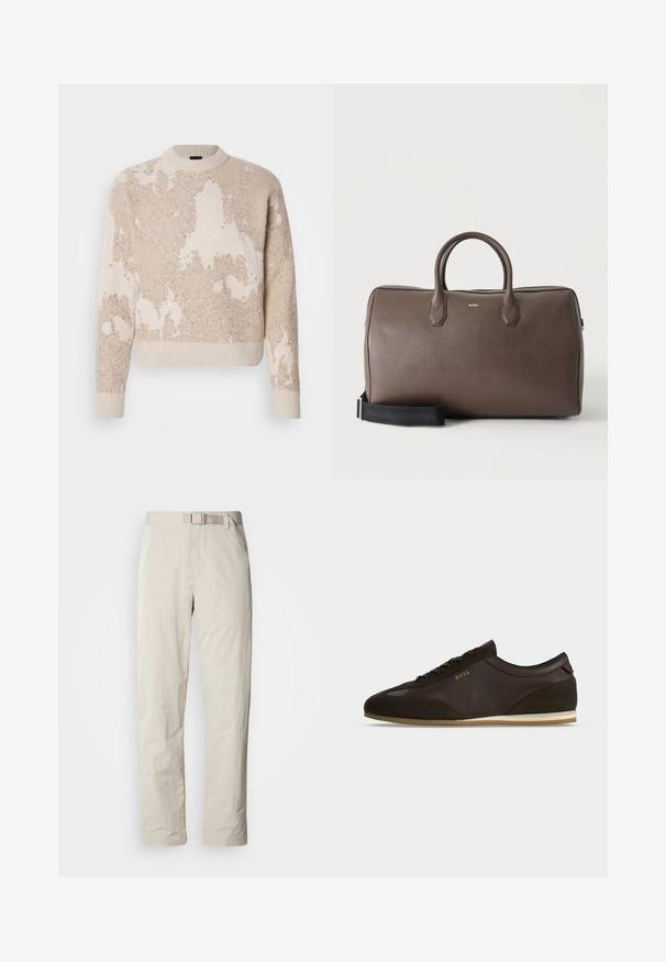 Beige und cremefarbener strukturierter Strickpullover mit abstrakten Mustern, geripptem Rundhalsausschnitt, Bündchen und Saum, auf weißem Hintergrund präsentiert.; Beige Hosen mit einem geraden Beinschnitt, aus leichtem Stoff gefertigt. Verfügt über einen integrierten Gürtel und eine subtile Textur mit einem eleganten Finish.; Dunkelbrauner Leder- und Wildledersneaker mit Schnürung vorne, heller Sohle und "BOSS" Logo in Gold an der Seite.; Braune Leder-Duffelbag mit zwei Griffen, einem schwarzen verstellbaren Schulterriemen und einem kleinen "BOSS" Logo vorne in der Mitte.