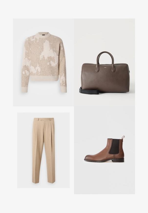 Beige og creme farvet tekstureret strikket sweater med abstrakte mønstre, ribbet rund hals, manchetter og kant, præsenteret på en hvid baggrund.; Beige skræddersyede bukser med frontplisser, bæltestropper og lige ben, vist mod en ensartet lys baggrund.; Brune læder Chelsea-støvle med en tekstureret overflade, elastiske sidepaneler og en trækflig. Har en gummisål for bedre trækkraft.; Brun læder duffel taske med to håndtag, en sort justerbar skulderrem og et lille "BOSS" logo på fronten i midten.