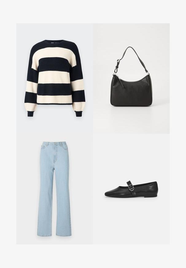 Stribet sweater med brede horisontale striber i marineblå og cremefarve. Ribbet halsudskæring og manchetter med en afslappet pasform. Blød tekstur.; Lysblå denimbukser med høj talje, afslappet pasform, brede ben og klassisk fem-lomme design. Har en metalknap og lynlås lukning.; Sorte læder flade sko med rund tå, et enkelt justerbart spænde og en glat, blank overflade. Minimalistisk design med en lav hæl.; Sort læderhåndtaske med en buet form, en enkelt rem, lynlås lukning og diskret branding på forsiden. Glat tekstur, minimalistisk design.