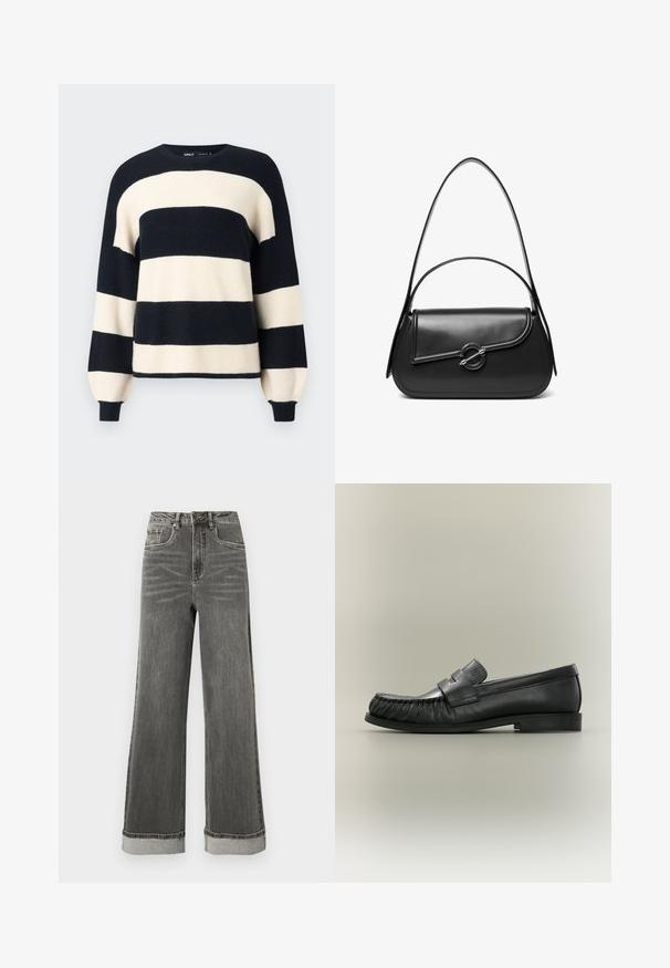 Stribet sweater med brede horisontale striber i marineblå og cremefarve. Ribbet halsudskæring og manchetter med en afslappet pasform. Blød tekstur.; Grå denimjeans med vide ben, høj talje, fem lommer og opbukket kant. Stoffet har en let slidte struktur med synlige syninger.; Sort læder penny loafer med rynket tådetalje og lav stablet hæl, set fra siden på en neutral baggrund.; Sort skuldertaske i læder med en buet klap, der er fastgjort med en rund metal spænde, og en slank, justerbar rem.