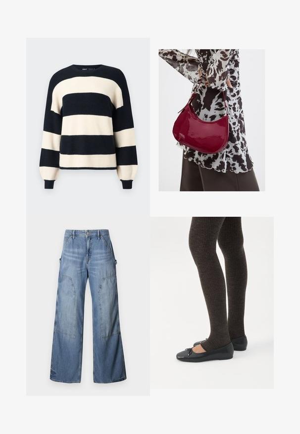 Stribet sweater med brede horisontale striber i marineblå og cremefarve. Ribbet halsudskæring og manchetter med en afslappet pasform. Blød tekstur.; Good American GOOD EASE RELAXED - Jeans Relaxed Fit - indigo; Ben iført mørke ribbede leggings kombineret med sorte balletsko med små sløjfedetaljer på hvid baggrund.; Kvinde iført en sort- og hvidmønstret bluse, der holder en blank rød skuldertaske mod en ensfarvet baggrund.