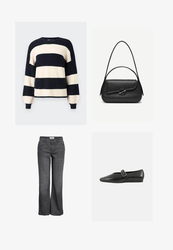 Stribet sweater med brede horisontale striber i marineblå og cremefarve. Ribbet halsudskæring og manchetter med en afslappet pasform. Blød tekstur.; Bredde ben jeans i mørkegrå denim. Har høj talje, traditionelt fem-lomme design og en ren kanten uden udsmykning.; Sorte læder flade sko med spidse tæer, prydet med en metallisk spænde over vristen og en lav, fleksibel sål.; Sort læderhåndtaske med afrundede kanter, asymmetrisk klap, metalcirkulært spænde samt både korte og lange skulderstropper.