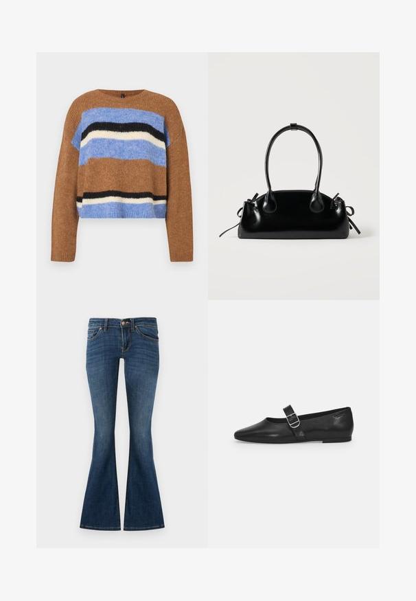 Pull en maille marron avec un col rond, présentant des rayures horizontales en bleu clair, noir et blanc. Texture douce, coupe décontractée, ourlet côtelé.; Jeans évasés bleu foncé en denim, avec une conception à cinq poches, des passants de ceinture et une fermeture à bouton à l'avant. Texture lisse avec un minimum de décoloration.; Chaussure plate en cuir noir avec un bout arrondi, une seule sangle réglable à boucle et une texture lisse et brillante. Design minimaliste avec un petit talon.; Petit sac à main noir brillant avec deux longues anses et des détails à cordon sur les côtés sur un fond clair uni.