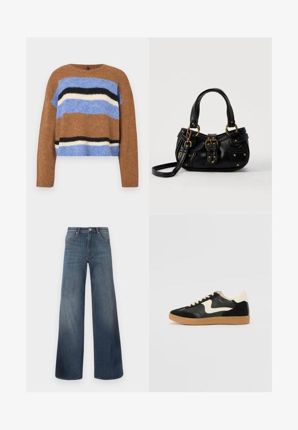 Pull en maille marron avec un col rond, présentant des rayures horizontales en bleu clair, noir et blanc. Texture douce, coupe décontractée, ourlet côtelé.; Jeans en denim à jambes larges de couleur bleu foncé, avec une finition déchirée, fermeture à bouton et style à cinq poches. Texture lisse, détails de couture minimalistes.; Baskets en daim et cuir noir avec un swoosh latéral crème et un talon crème clair. Dotées de lacets beige et d'une semelle en caoutchouc gomme.; Sac à main en cuir noir avec boucle dorée et détails à rivets, poignées courtes et bandoulière réglable sur fond blanc uni.
