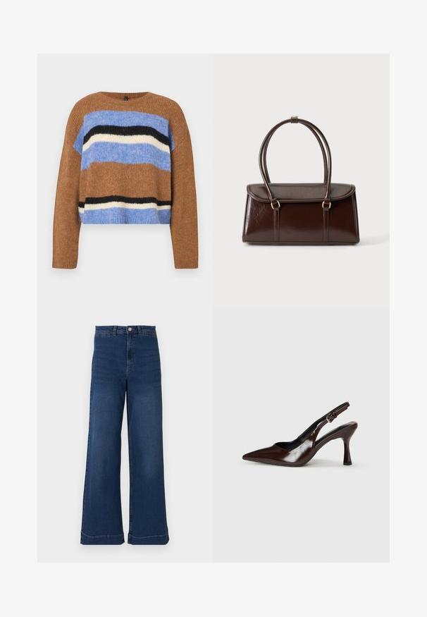 Pull en maille marron avec un col rond, présentant des rayures horizontales en bleu clair, noir et blanc. Texture douce, coupe décontractée, ourlet côtelé.; Jean en denim bleu à jambes larges avec une taille haute, présentant une fermeture à bouton à l'avant, cinq poches et des détails de coutures subtils.; Talons slingback en cuir verni brun avec un bout pointu, un talon fin, et une sangle réglable avec une petite boucle.; Sac à main rectangulaire en cuir marron foncé avec deux anses en boucle et une fermeture à rabat sur un fond clair uni.