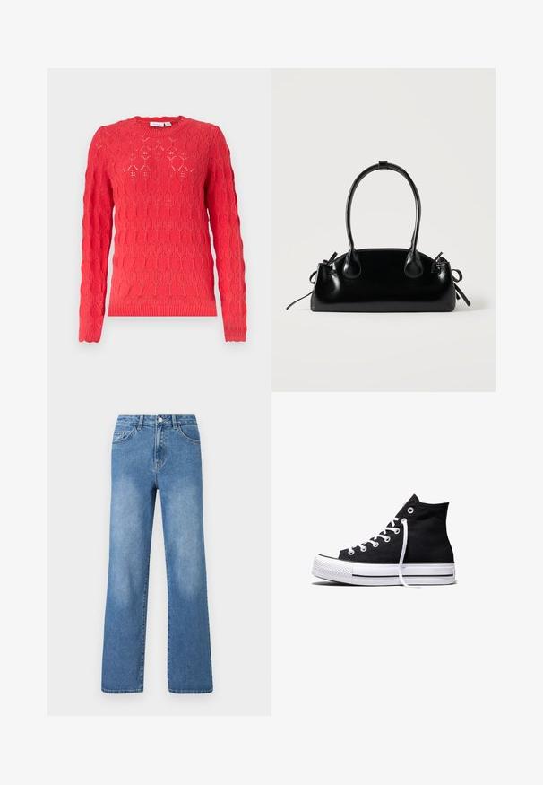 Pull en maille rouge à manches longues avec col rond et motif ajouré oval texturé sur toute la surface.; Jeans en denim bleu clair avec une taille haute, un design à jambes larges, cinq poches et des détails de couture visibles. Texture lisse avec un léger délavage.; Baskets montantes en toile noire avec semelle en caoutchouc blanche et lacets blancs, vues de côté sur un fond blanc.; Petit sac à main noir brillant avec deux longues anses et des détails à cordon sur les côtés sur un fond clair uni.