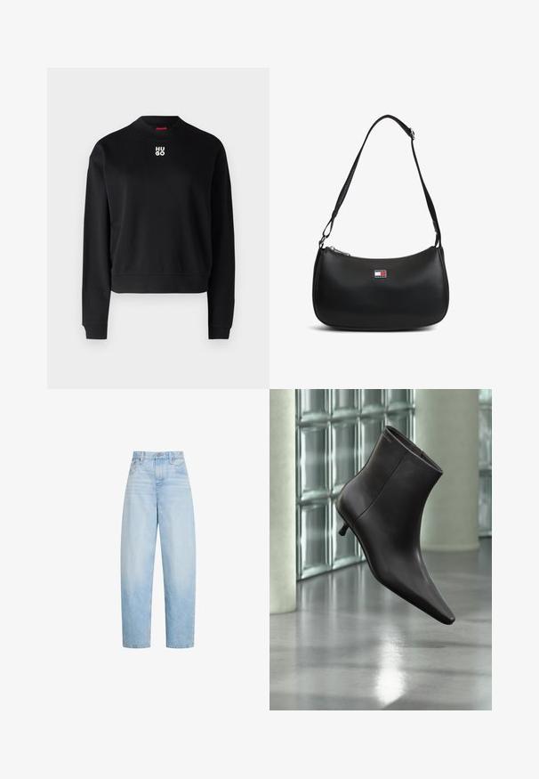 Sweatshirt noir en tissu doux, avec un col rond et des poignets côtelés. Le logo "HUGO" en blanc est centré sur la poitrine.; Jean bleu clair taille haute à jambes droites avec poches avant, passants de ceinture et fermeture par bouton.; Bottine en cuir noir avec bout pointu et petit talon, présentée devant un mur en blocs de verre et un sol poli.; Sac à épaule noir avec sangle ajustable et petite plaque logo Tommy Jeans au centre avant.