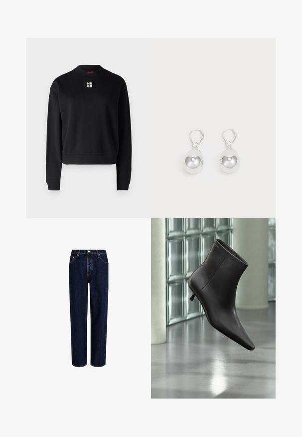 Sort sweatshirt lavet af blødt stof, med rund halsudskæring og ribbede manchetter. "HUGO"-logoet i hvidt er centreret på brystet.; Mørkeblå denim jeans med lige ben-design, der har høj talje, fem-lomme-stil og kontrastsyninger. Ingen dekorationer.; Sort læderankelstøvle med spids tå og lille hæl vist mod en væg af glasblokke og poleret gulv baggrund.; Sølv dråbeøreringe med glatte, runde, reflekterende overflader hængende fra svingelukkede låse. Baggrunden er helt hvid.