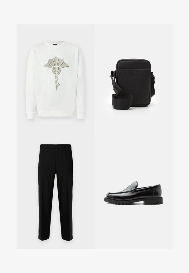 Hvid sweatshirt med et tekstureret, metallic guld- og sølvskald-design i midten; har runde udskæring og ribbede manchetter.; Sorte bukser lavet af glat stof, med lige snit, to forlommer og lynlås med knaplukning.; Sort læderloafer med chunky gummisål, syet overdel og præget mærkenavn på hælen, vist i sideprofil på hvid baggrund.; Sort læder crossbody taske med tekstureret overflade, rektangulær form, justerbar skulderrem og prægede logo på forsiden.