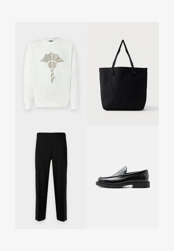 Hvid sweatshirt med et tekstureret, metallic guld- og sølvskald-design i midten; har runde udskæring og ribbede manchetter.; Sorte bukser lavet af glat stof, med lige snit, to forlommer og lynlås med knaplukning.; Sort læderloafer med chunky gummisål, syet overdel og præget mærkenavn på hælen, vist i sideprofil på hvid baggrund.; Sort canvas-tote-taske med to skulderstropper og et diskret præget cirkeldesign på fronten.