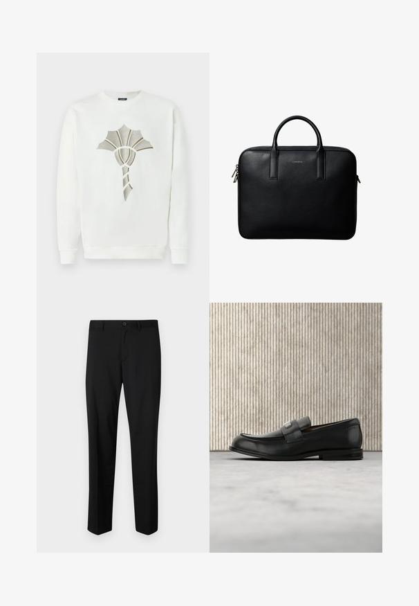 Hvid sweatshirt med et tekstureret, metallic guld- og sølvskald-design i midten; har runde udskæring og ribbede manchetter.; Sorte skræddersyede bukser med flad front, standard talje og lige ben. Lavet af glat stof, med en enkelt knaplukning.; Sort læderloafer med metalbrandskilt hvilende nær et brunt rundt bord på beige tæppe.; Sort tekstureret lædermappe med dobbelte håndtag og sølv lynlås, centreret på hvid baggrund.