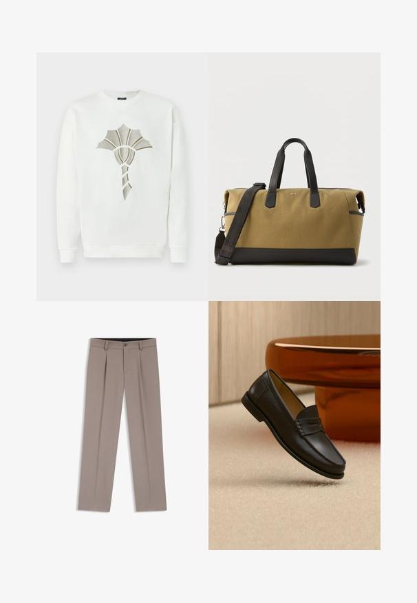 Hvid sweatshirt med et tekstureret, metallic guld- og sølvskald-design i midten; har runde udskæring og ribbede manchetter.; Lysebrune herrebukser med bæltestropper, plisseringer, knaplukning foran og lynlås, lagt fladt på en hvid baggrund.; Sort læder loafer-sko hængende over beige tæppe med ravfarvet moderne møblement i baggrunden.; Stor duffeltaske i brun- og sort farve med bærehåndtag i sort læder og aftagelig skulderrem, rektangulær form, BOSS-logo på fronten.