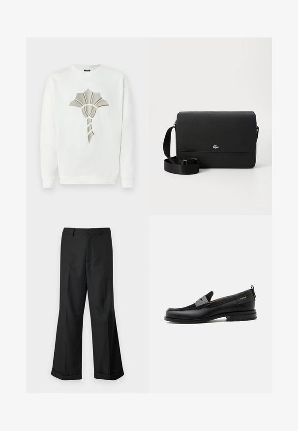 Hvid sweatshirt med et tekstureret, metallic guld- og sølvskald-design i midten; har runde udskæring og ribbede manchetter.; Sorte vide benbukser med knappet talje og opslåede ben, præsenteret mod en ensfarvet hvid baggrund.; Sort læderloafer med grå remdetalje, lav hæl og tekstureret sål, mærket med "HUGO" i guld på siden.; Sort læder crossbody taske med en glat overflade, en frontklap, sølv logo accent og en justerbar stofrem.