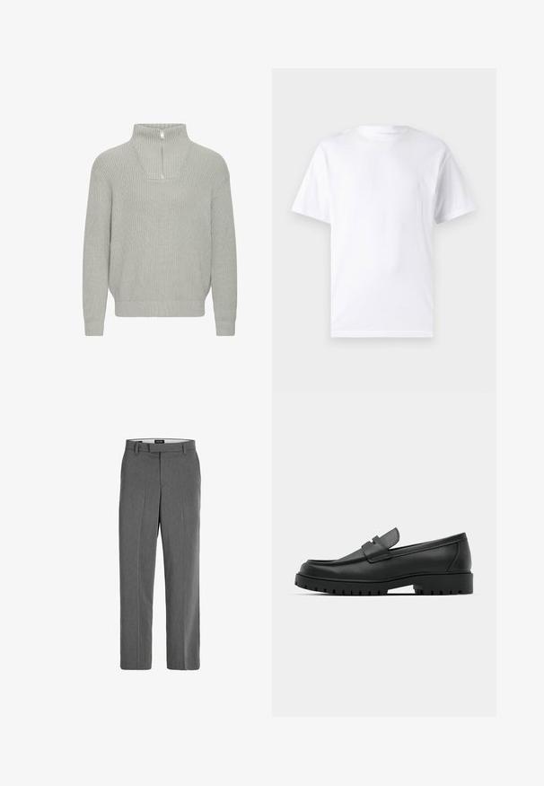 Lys grå ribbet striktrøje med halvlukket krave og dropped skuldre. Har en afslappet pasform og tekstureret stof.; Hvid kortærmet t-shirt lavet af bomuld med rund hals, der har en glat tekstur og et simpelt design uden mønstre eller accenter.; Grå bukser med en glat tekstur, lige ben-design og subtilt lodret mønster. Har remsløjfer samt for- og baglommer.; Sorte læder loafers med rund tå, der har et syet design, lav platformssål og en struktureret, skridsikker gummisål.