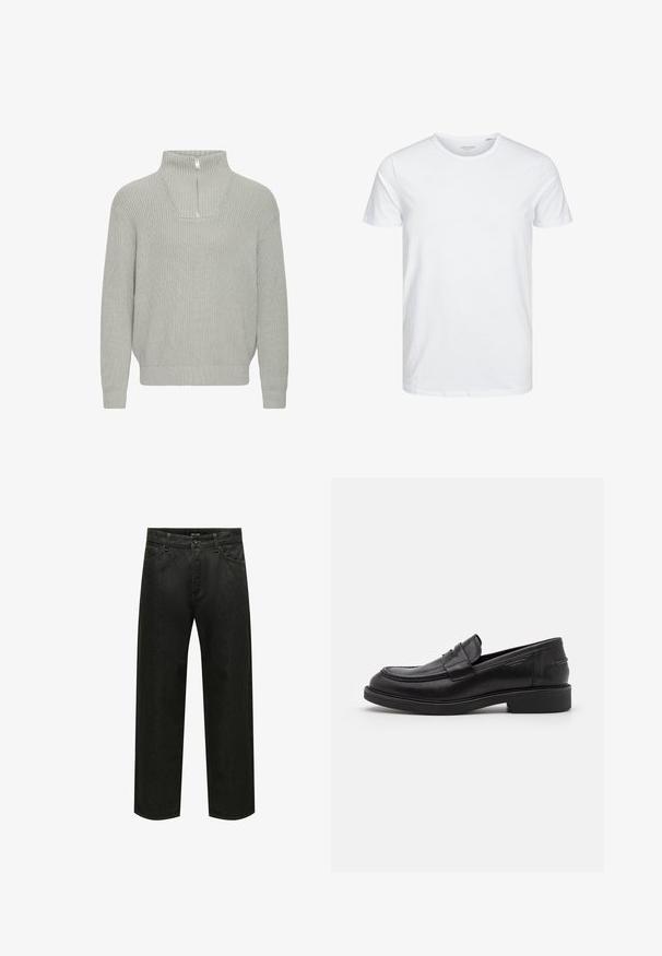 Ανοιχτό γκρι ριγέ πλεκτό πουλόβερ με μισό φερμουάρ και χαμηλούς ώμους. Διαθέτει άνετη εφαρμογή και υφή υφάσματος.; Μπλούζα κοντομάνικη με στρογγυλή λαιμόκοψη σε λευκό χρώμα, φτιαγμένη από απαλό βαμβάκι, διαθέτει απλό σχέδιο χωρίς ορατά μοτίβα ή διακοσμητικά.; Μαύρο τζιν με ίσια γραμμή, κουμπιά μπροστά, κλείσιμο με φερμουάρ και σχέδιο με πέντε τσέπες, παρουσιάζεται σε λευκό φόντο.; Μαύρο δέρμα loafers με στρογγυλή μύτη, τονικό ράψιμο και λεπτομέρεια ζώνης μπροστά. Ελαστική σόλα με χαμηλό τακούνι.