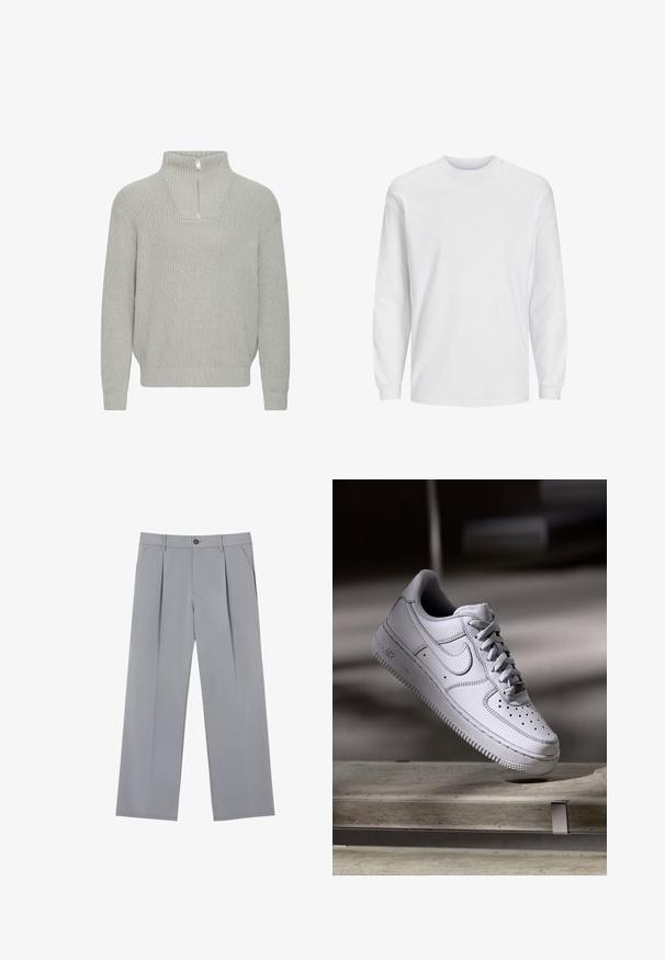 Lys grå ribbet striktrøje med halvlukket krave og dropped skuldre. Har en afslappet pasform og tekstureret stof.; Langærmet hvid t-shirt lavet af bomuld. Har rund hals og ensfarvet design uden mønstre eller accenter. Blød, glat tekstur.; Grå plisserede bukser med en afslappet pasform, lavet af et letvægtsstof. Har forlommer og en knaplukning i taljen.; Hvid læder Nike Air Force 1 sneaker med perforeret tå, flade snørebånd og tekstureret gummisål med "AIR" branding på siden.