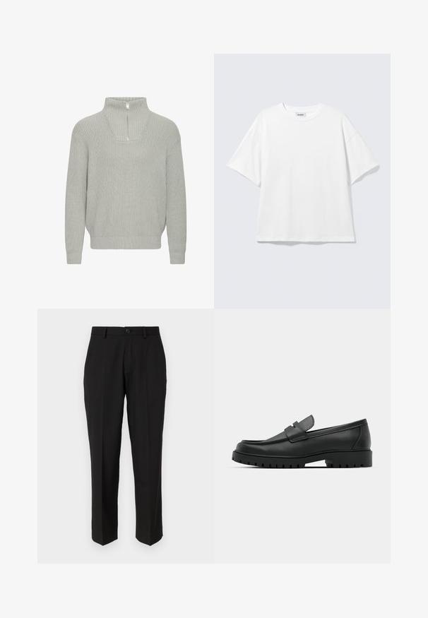 Lys grå ribbet striktrøje med halvlukket krave og dropped skuldre. Har en afslappet pasform og tekstureret stof.; Hvid oversized t-shirt med korte ærmer og rund halsudskæring med sænkede skuldre, fladt lagt på lys grå baggrund.; Sorte bukser lavet af glat stof, med lige ben design, forlommer, en enkelt knaplukning, og uden synlige mønstre.; Sorte læder loafers med rund tå, der har et syet design, lav platformssål og en struktureret, skridsikker gummisål.