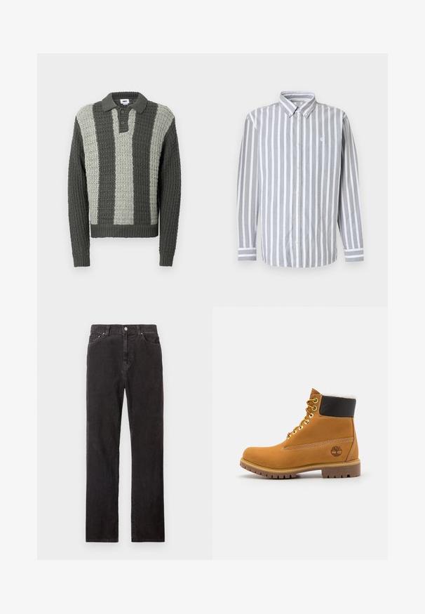Pull polo tricoté en gris et vert clair avec un motif texturé. Il présente un col et trois boutons, des poignets et un ourlet côtelés.; Chemise pour homme à boutons avec rayures verticales grises et blanches, manches longues, et petit logo sur la poitrine. Tissu en coton, col classique.; Pantalon en velours côtelé noir à jambes droites avec bouton frontal, passants pour ceinture et style cinq poches sur fond blanc.; Bottine en cuir brun avec œillets en métal, doublure en fourrure blanche, col rembourré noir, semelle robuste et logo en relief sur le côté.