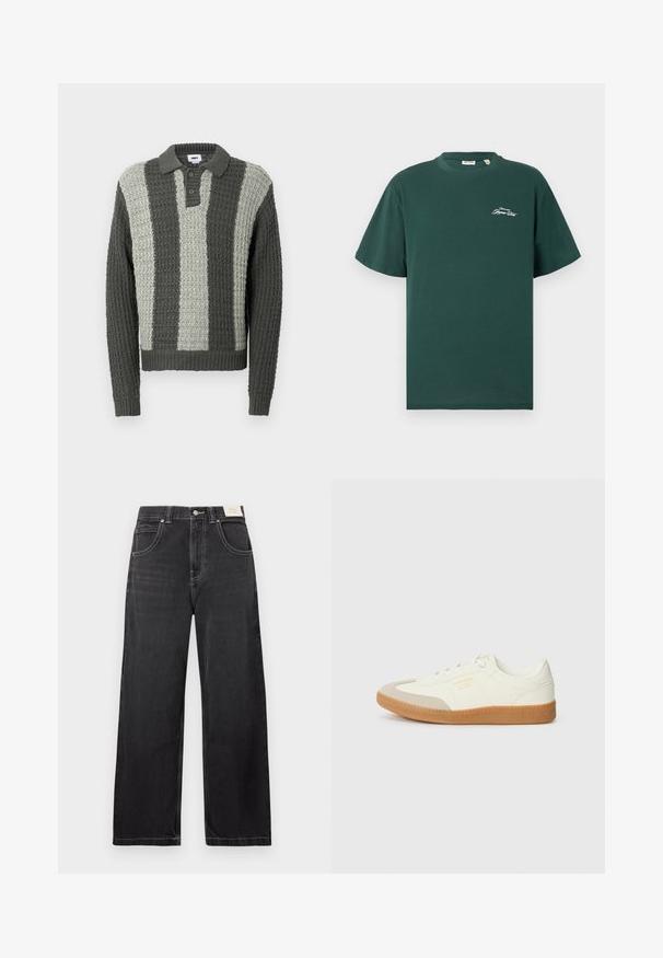 Pull polo tricoté en gris et vert clair avec un motif texturé. Il présente un col et trois boutons, des poignets et un ourlet côtelés.; T-shirt en coton vert à manches courtes, col rond, avec un petit logo blanc sur la poitrine. Texture lisse et coupe décontractée.; Jean noir à jambes larges en denim, doté de cinq poches, de coutures blanches contrastantes et d'une fermeture par bouton à la taille.; Baskets en cuir blanc avec une coque beige et une semelle en caoutchouc marron clair. Dotées de lacets blancs plats et d'un logo embossé sur le côté.