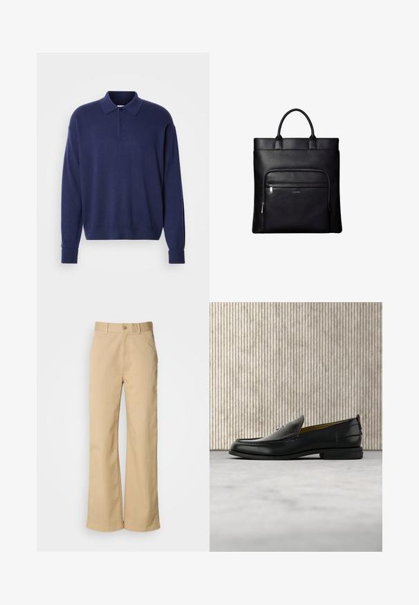Tumedast sinine pullover-sweater, millel on krae, pikad varrukad ja soonikkoesed. Pehme tekstuur, mugav lõige ja kolme nupuga lohutus.; Bežid, laiused püksid, mis on valmistatud puuvillasegust. Omavad nupuvärvi ja vööaukude. Sujuv tekstuur, kus on minimaalsed õmbluse detailid.; Meeste mustast nahast mokassiin, mille pealiskihil on krokodillinahast muster ja madal konts, esitletud profiilis neutraalsel taustal.; Mustast nahast kandekott pealsete käepidemete ja esiküljel lukuga taskuga, millel on taskul väike Calvin Kleini logo.