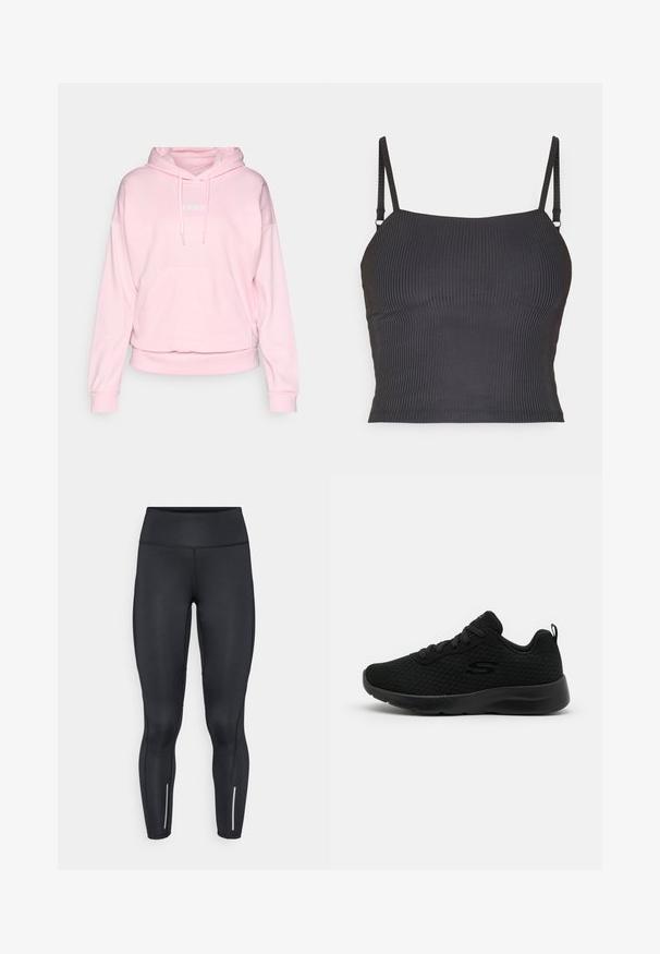 Heledate roosa kapuutsiga sviiter, mis on valmistatud pehmest kangast. Omab reguleeritavat kapuutsi, eesmist taskut ja soonikkoes mansette ning alumist äärt. Adidas logo valges värvitoonis.; Musternatud must rihmadega cami, millel on õhukesed reguleeritavad rihmad ja istuv disain, mis pakub siledat tekstuuri ja sirget kaelust.; Mustad venivat materjali retuusid kõrge vöökohaga, mille lähedal pahkluude juures on helkivad detailid ja siledapinnaline tekstuur.; Mustmust pikad spordijalatsid, millel on võrkmaterjalist ülemine osa, pehmendatud krae, lipsuga disain ja tekstuuriga kummist tallad. Lihtne ja voolava joonega siluett.