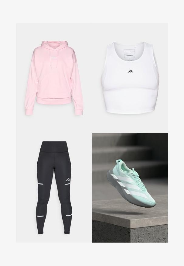 Vaaleanpunainen huppari, joka on valmistettu pehmeästä kankaasta. Siinä on nauhakuori, etutasku ja ribbireunat hihansuissa ja helmassa. Adidas-logo valkoisena.; Valkoinen urheilullinen lyhyt toppi, joka on valmistettu kevyestä ja hengittävästä kankaasta. Siinä on verkkokankaiset sivupaneelit ja musta brodeerattu logo rinnassa.; Mustat leggingsit, joissa on korkea vyötärö ja sileä materiaali. Täydentävät valkoiset heijastavat raidat polvien lähellä ja Adidas-logo.; Vaaleansininen juoksukenkä, jossa valkoiset raidat ja harmaa pohja, leijuu betonisen askelman yläpuolella, taustalla epätarkat portaat.