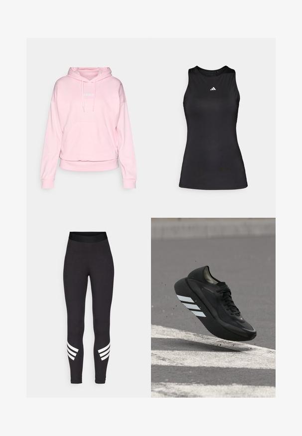 Helle rosa Kapuzenjacke aus weichem Stoff. Verfügt über eine Kapuze mit Kordelzug, eine frontale Tasche und gerippte Bündchen sowie einen Saum. Adidas-Logo in Weiß.; Schwarzes ärmelloses Sportoberteil aus glattem Stoff. Verfügt über einen runden Halsauschnitt und ein kleines weißes Adidas-Logo auf der Brust.; Schwarze Leggings aus dehnbarem Stoff, mit einem breiten Bund und drei weißen horizontalen Streifen in der Nähe der Unterschenkel.; Schwarzer Laufschuh mit weißen Streifen auf der Sohle, schwebt über Asphalt mit weißen Straßenmarkierungen und wirbelt kleine Schmutzpartikel auf.