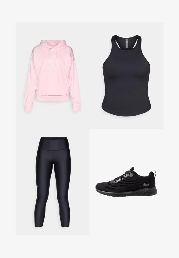 Svetloružová mikina vyrobená z mäkkého materiálu. Má kapucňu na šnúrku, prednú kapsu a rebrované manžety a lem. Logo Adidas v bielej farbe.; ONLY Play ONPSANA SHORT - Top - black; Čierne legíny vyrobené z hladkej, elastickej tkaniny. Vysoký pás s priliehavým strihom a malým logom na ľavej nohe.; Čierne športové topánky s textúrovaným pleteným zvrškom, šnurovací dizajn, polstrovaný golier a odpružená gumová podrážka s ryhovaným detailom.