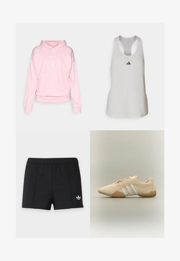 Helle rosa Kapuzenjacke aus weichem Stoff. Verfügt über eine Kapuze mit Kordelzug, eine frontale Tasche und gerippte Bündchen sowie einen Saum. Adidas-Logo in Weiß.; Weißes Sport-Top aus leichtem Stoff mit Racerback-Design und kleinem schwarzem Logo auf der Brust.; Schwarze Sportshorts mit elastischem Bund und kleinem weißen Adidas-Trefoil-Logo auf dem linken Bein.; Beiger Wildledersneaker mit weißen Streifen und strukturierter Gummisohle, Seitenansicht vor neutralem Hintergrund.