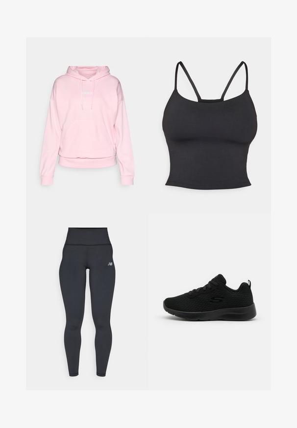 Svetloružová mikina vyrobená z mäkkého materiálu. Má kapucňu na šnúrku, prednú kapsu a rebrované manžety a lem. Logo Adidas v bielej farbe.; Čierna priliehavá tielko vyrobené z hladkej tkaniny, s tenkými ramienkami a okrúhlym výstrihom, bez ďalších vzorov alebo akcentov.; Čierne vysoké športové legíny s priliehavým strihom, hladkou textúrou a malým bielym logom na ľavom boku.; Čierne športové tenisky s prednou časťou z pleteného materiálu, polstrovaným golierom, šnurovaním a textúrovanou gumovou podrážkou. Jednoduchý a elegantný silueta.