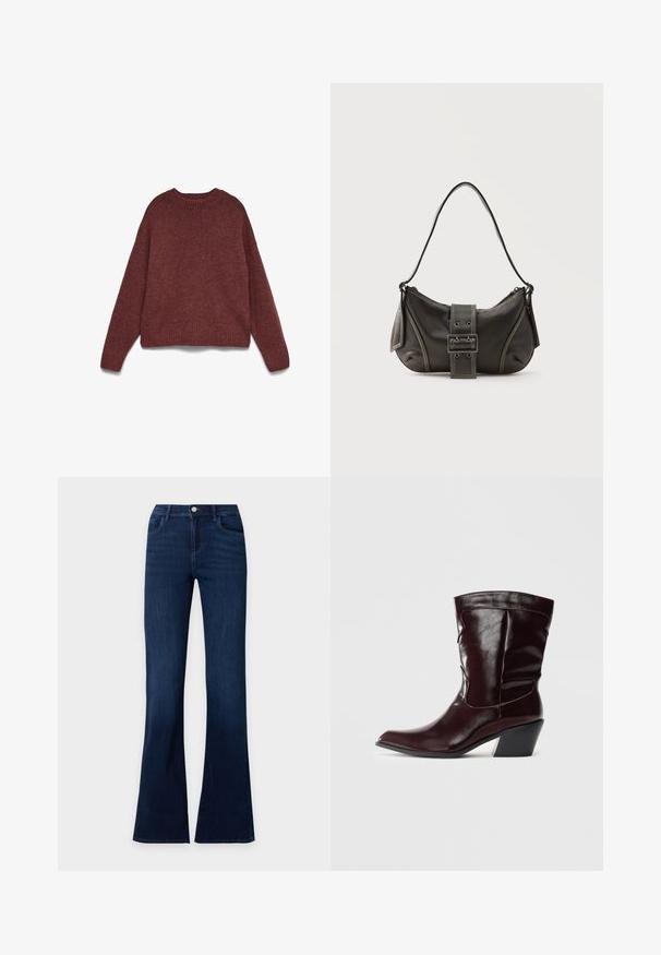 Brun striktrøje med lange ærmer, ribbet rund halsudskæring, manchetter og kant, lagt fladt på en hvid baggrund.; Mørkeblå denimjeans med flared ben, forlommer og knaplukning ved taljen.; Bordeaux læder ankelstøvler med spids tå, tekstureret overflade og en lav, taperet hæl. Har diskrete søm og en tætsiddende pasform.; Sort læder skuldertaske med spænde på remmen, afrundede kanter og kontrasterende hvide syninger på en ensfarvet baggrund.
