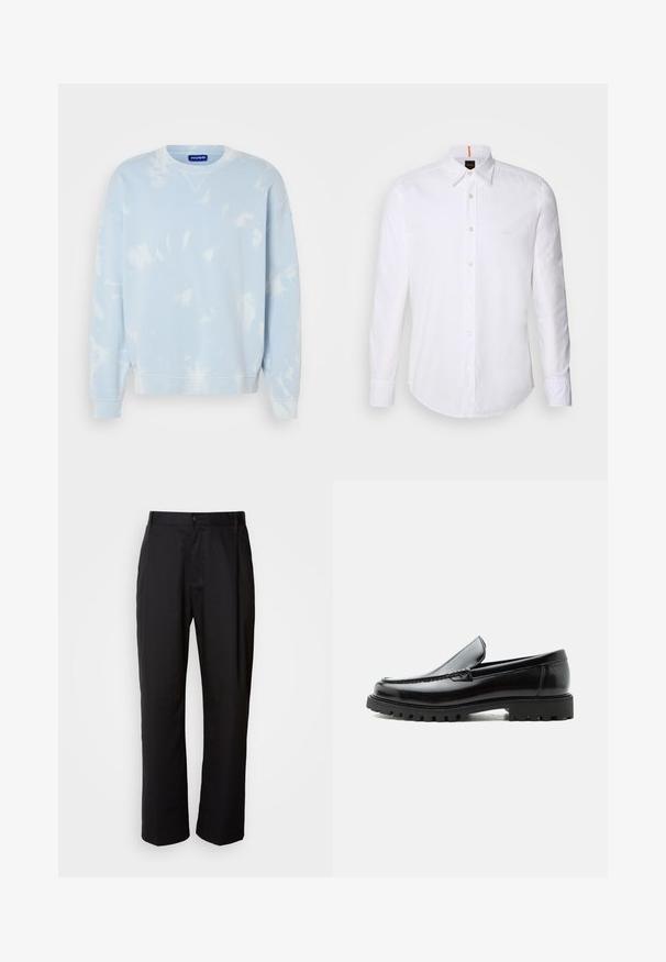 Sweat-shirt bleu clair avec un motif tie-dye, col rond et manches larges. Fabriqué en tissu doux avec des poignets et un ourlet côtelés.; Chemise blanche à manches longues et à boutons en coton, avec un col classique, un logo discret près de la poitrine et des boutons blancs.; Pantalon noir à coupe droite, en tissu léger. Il dispose d'une fermeture à bouton sur le devant et de deux poches latérales ; texture lisse.; Mocassin en cuir noir avec semelle en caoutchouc épaisse, dessus cousu et nom de marque embossé sur le talon, présenté de profil sur fond blanc.