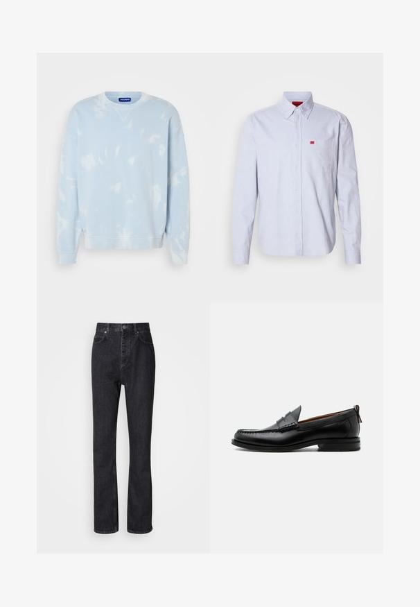 Sweat-shirt bleu clair avec un motif tie-dye, col rond et manches larges. Fabriqué en tissu doux avec des poignets et un ourlet côtelés.; Chemise bleu clair boutonnée, en tissu à texture lisse. Comprend un petit logo rouge sur la poche poitrine et un col à boutons.; Jean en denim noir taille haute avec fermeture à bouton et à glissière, poches avant et arrière, et coupe droite.; Mocassin homme en cuir noir avec couture moc toe, bride penny, col texturé et petit talon empilé sur fond blanc.