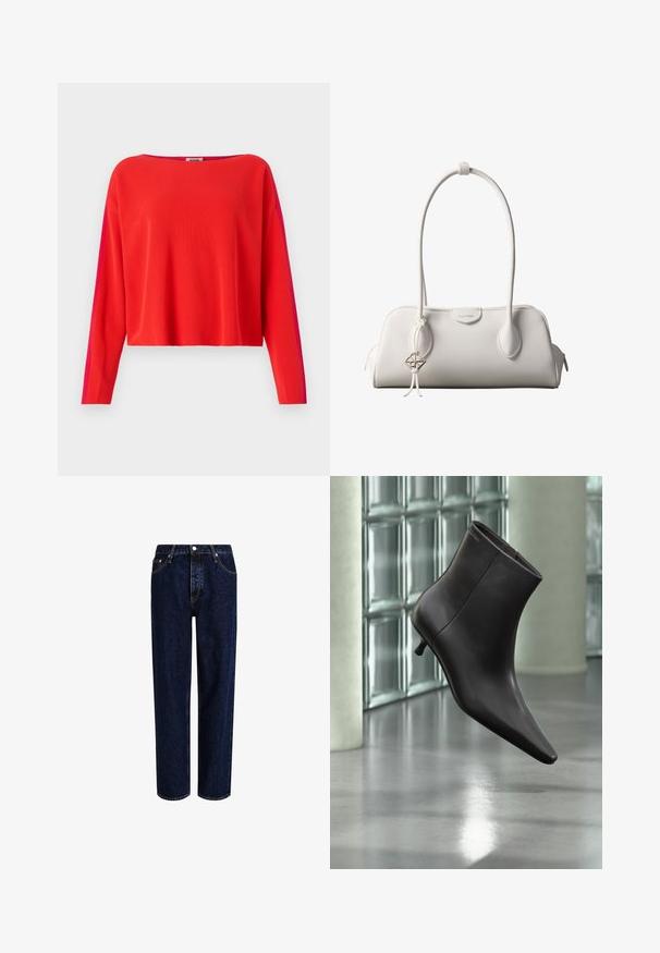 Jersey de canalé rojo con mangas largas, corte cropped y un panel lateral en magenta de contraste. Textura suave, escote amplio.; Jeans de mezclilla azul oscuro con un diseño de pierna recta, que presentan una cintura alta, estilo de cinco bolsillos y costuras en contraste. Sin adornos.; Bota de cuero negro para el tobillo con puntera puntiaguda y tacón pequeño, exhibida frente a una pared de bloques de vidrio y un suelo pulido.; Bolso de hombro blanco de Calvin Klein con asas largas, forma rectangular, cierre de cremallera y charm decorativo con el logo colgando cerca del asa.