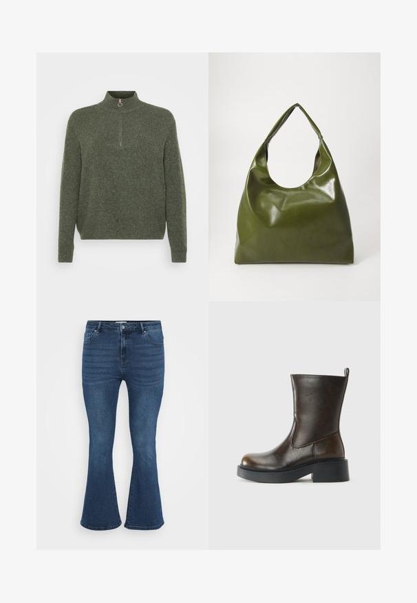 Pull en tricot vert foncé, présentant un col haut avec une fermeture éclair demi-zip et une texture côtelée sur toute la surface.; Jeans en denim bleu évasés avec une taille mi-haute, un design à cinq poches et une texture ribbed subtile sur le devant. Le tissu semble robuste et lisse.; Botte en cuir marron foncé jusqu'au mollet avec un bout rond, épaisse semelle noire, petit talon block, et une languette à l'arrière.; Sac hobo en cuir vert au design décontracté, avec une poignée incurvée et une texture lisse. Ne contient aucun matériel ou accent visible.