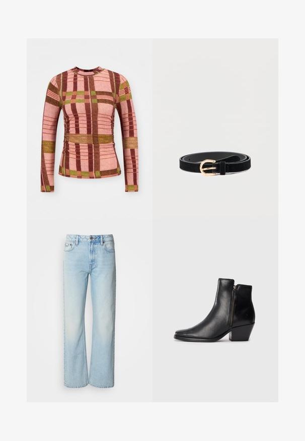 Langarmige geruite top in roze, bruin en groen met textuurstof en geplooide details bij de taille en mouwen.; Lichtblauwe wijde jeans van denim, voorzien van een klassiek vijf-pocket ontwerp en een subtiele vervaagde textuur. Denimstiksels zijn zichtbaar.; Zwarte leren enkelboot met een spitse neus, zijrits en een chunky hak. Glad textuur en minimalistisch ontwerp.; Zwarte suède riem met een slank profiel, voorzien van een gespsluiting in goudkleurig metaal. Gladde textuur met minimale stikdetails.