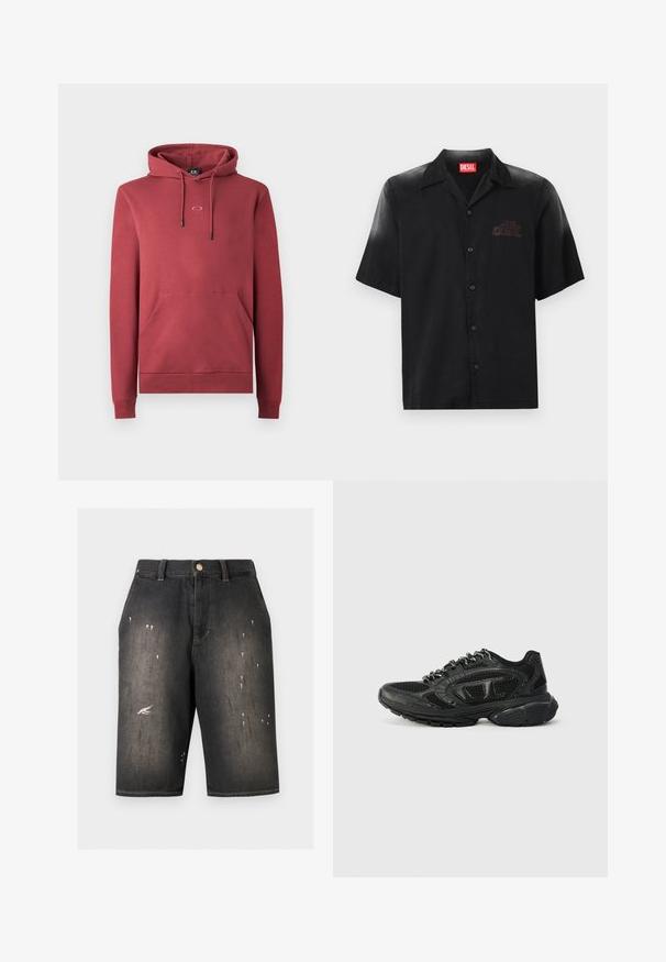 Rød bomulds hoodie med en frontlomme, snoretræk hætte og lille logo på brystet. Har ribbede manchetter og kant.; Kortærmet sort skjorte lavet af glat stof med knaplukning fortil, der har et diskret præget logo på venstre bryst.; Sorte denimshorts med falmede områder og små hvide malingsprøjt, udstyret med bæltestropper, frontlommer og knaplukning.; Sorte atletiske sneakers med et mesh-overdel, teksturerede detaljer og polstret krave. Snørebåndsdesign med en tykk gummisål for støtte.