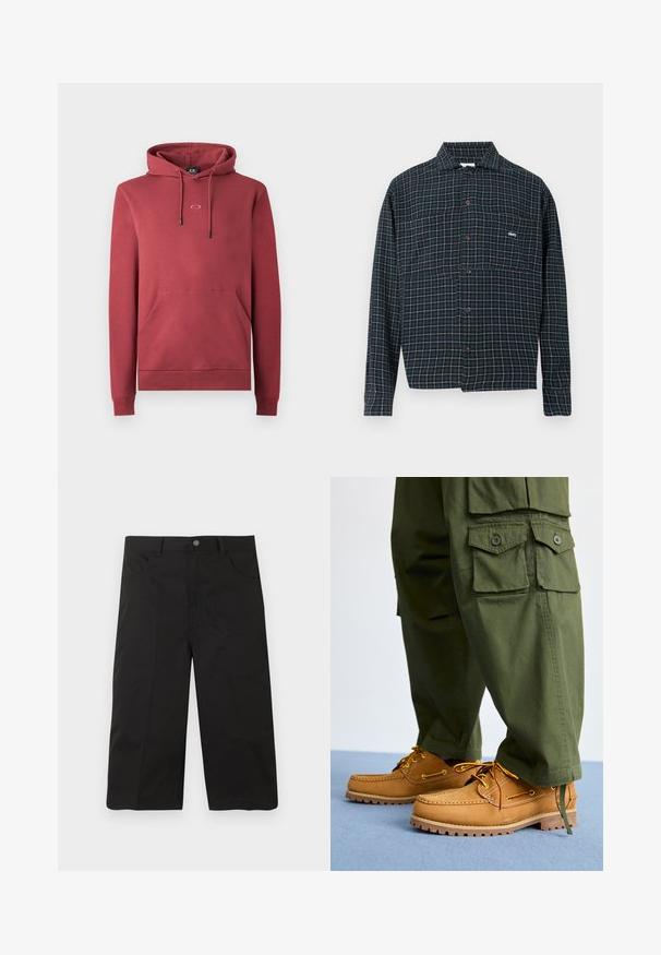 Rød bomulds hoodie med en frontlomme, snoretræk hætte og lille logo på brystet. Har ribbede manchetter og kant.; Knapp-up skjorte i mørkeblå flannel med et rutenetmønster i hvidt og orange. Har krave og en brystlomme med logodetalje.; Sorte shorts til knæene med frontlommer, bæltestropper og knaplukning på en ensfarvet baggrund.; Timberland AUTHENTIC 3 EYE - Sejlersko - wheat